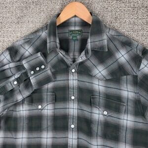 Filson Mens Western Flannel Shirt Large Green Grey Plaid Pearl Snap Cotton Large